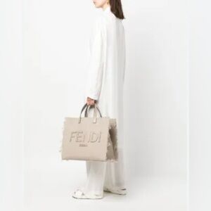 Brand New Fendi FF Jacquard Motif Fringed Large Canvas Leather Tote Bag